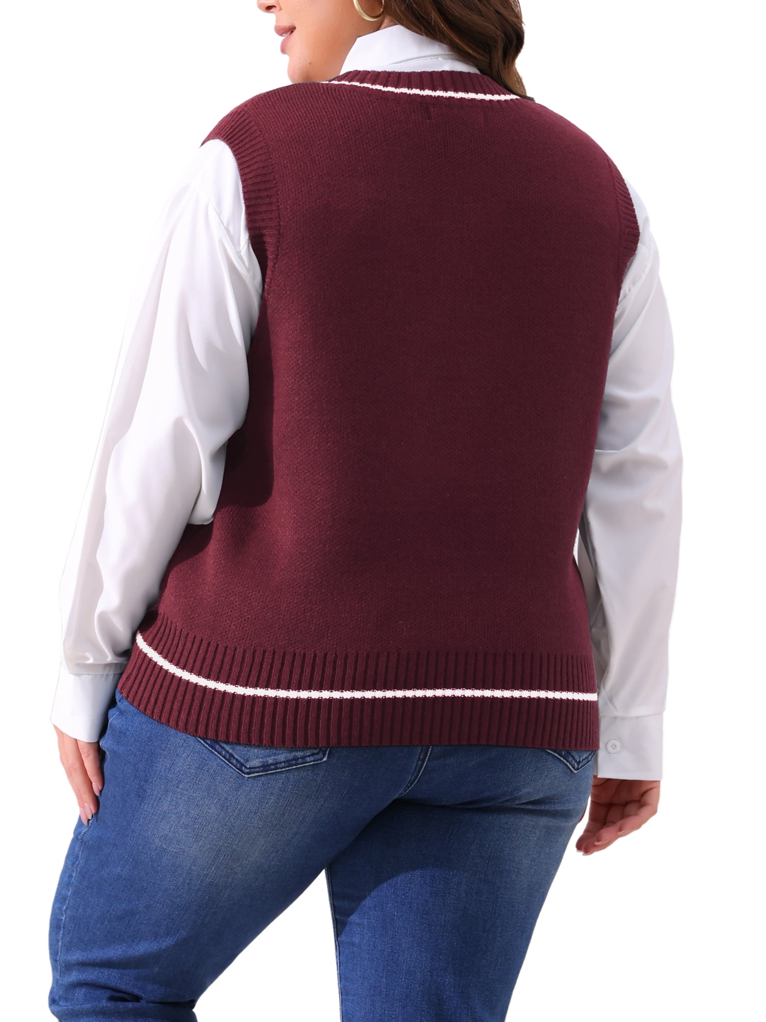 DARING DIVA Women's Plus V Neck Stripe Cable Knit Pullover Sweater Vest 2X Burgundy