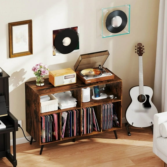 Auranook Record Player Stand w/Charging Station Open Shelves & Compartments Raised Legs