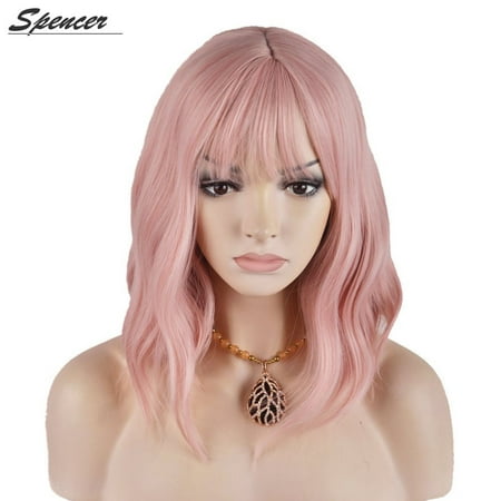 Spencer 14 inch Short Curly Synthetic Wigs Heat Resistant Cosplay Hair Wigs Lovely Pink with Air Bangs for Women Girls Custume Halloween