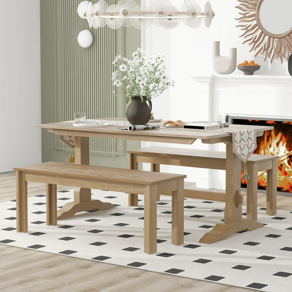 Aukfa 7 Piece Dining Table Set for 6, Rectangular Kitchen Wooden Table W/ Upholstered Chairs,Rubber Wood,Natural