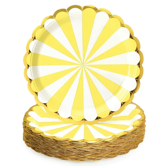 50 Pcs Party Plates, Yellow Disposable 9 inch Scalloped Paper Dinner Plates Sets Party Supplies for Birthday Baby Shower Bridal Shower Picnic, Yellow and White Striped