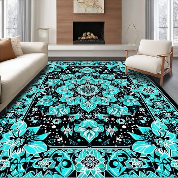 ODIKA 4'x6' Machine Washable Non-Slip Area Rug, Half Round Doormat with Turquoise and Charcoal Design High Traffic Rug, Black, 89049
