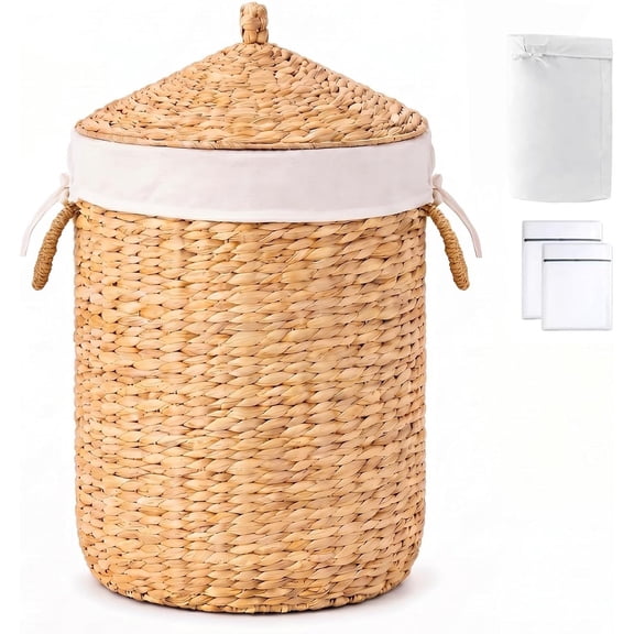 Round Laundry Hamper with Lid, Woven Natural Water Hyacinth, 17.52 in Diameter
