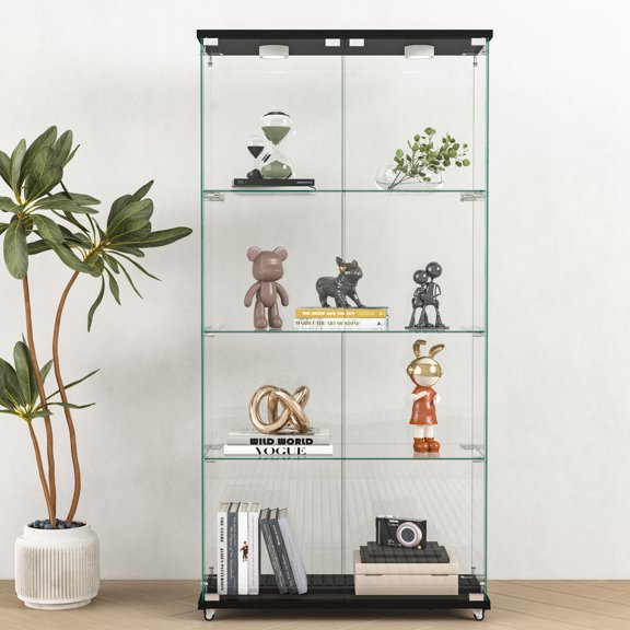 Modern Glass Display Cabinet with LED Lights, Quick-Assembly Antique Cabinet, Tempered Glass Bookshelf for Living Room/Bedrooms (2-Door 4-Shelf, Black)