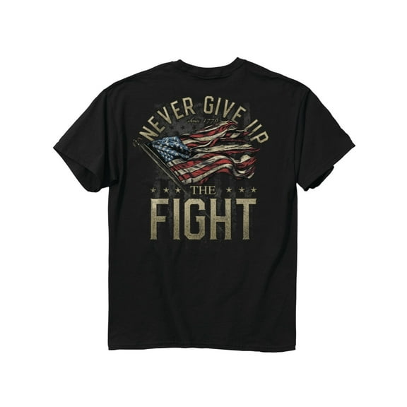 Never Give Up the Fight American Flag Black Graphic T-Shirt - Medium
