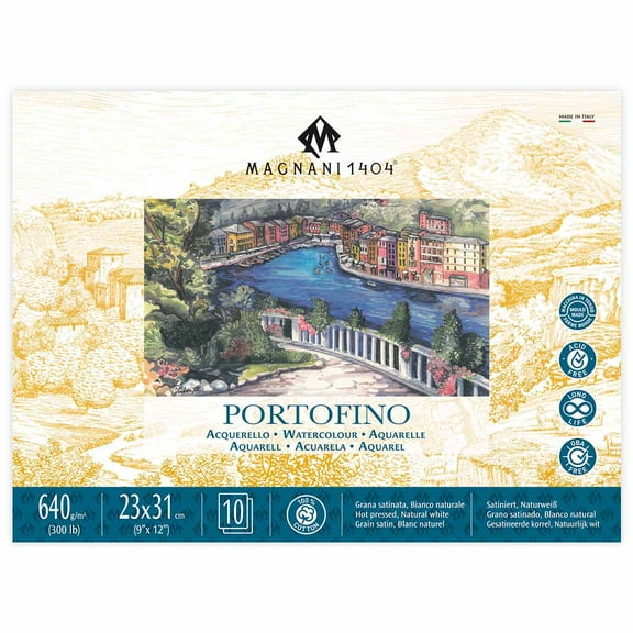 Magnani 1404 Portofino Hot Press 100% Cotton Watercolor Paper Block, 10 Sheets, 9x12", 300 lb, Acid-Free, UV Resistant, Vegan Sized Water Color Paper for Artists, Made in Italy