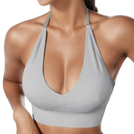 Women s Halterneck Sports Bra Backless Deep V Neck Sports Bustier Padded Gym Push up Bra Backless Adjustable Straps Bras for Women GY1 L