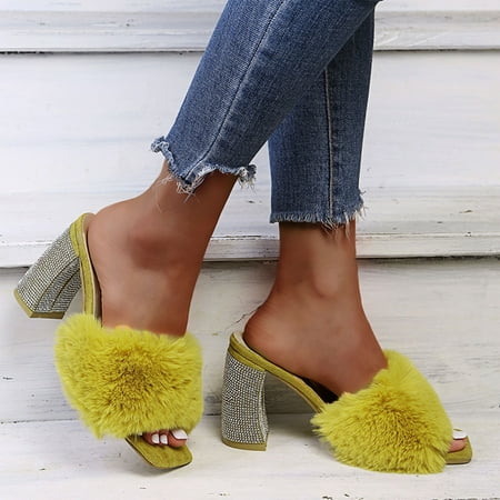 

Floenr Womens Sandals Flip Flops for Women Women s Shoes Casual Square Toe Fashion Slip-on Rhinestone High Heels Plush Sandals