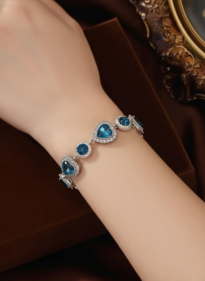 Blue Heart Bracelet for Women White Gold Elegant London Blue Gemstone Heart Bracelet Romantic Jewelry Gift Luxury Christmas Valentine’s Day Xmas Jewelry Gifts for Women Mom Stocking Stuffers