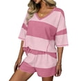 thumbnail image 3 of VBVC Women's Color Block Striped 2 Piece Set, V-Neck Top and Elastic Waist Shorts For Women, Ladies'Summer Loungewear with Pockets,Pink,S-2XL, 3 of 6
