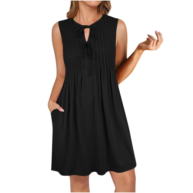 Hyknon Robes d'Été pour Femmes Mode Couleur Unie Col Rond Sans Manches Robes Plissées Fluides Amples Sans Manches avec Poches