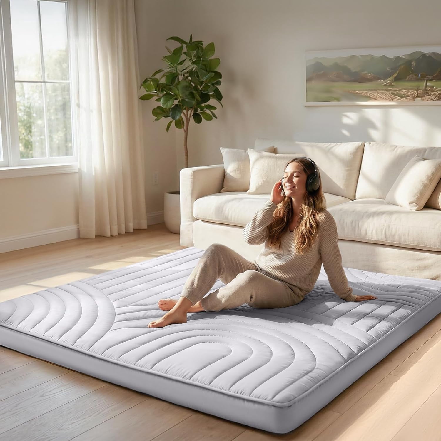 ZonLi Full Size Grey Japanese Floor Mattress Futon, Roll Up Tatami Mat, 2.5in Thick Foldable Floor Bed for Sleeping