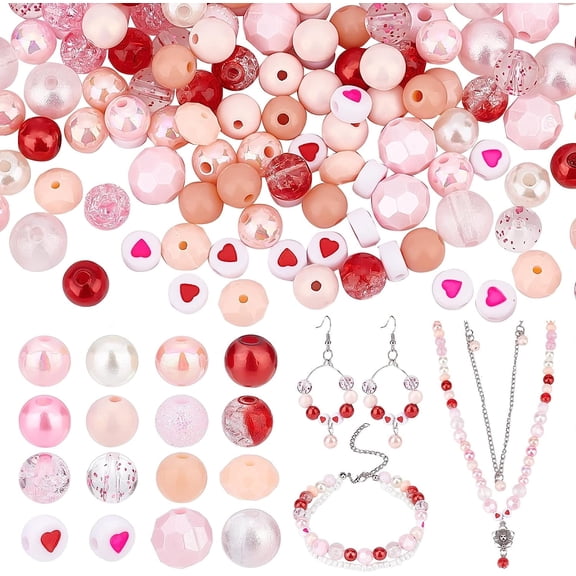 480pcs Pink Acrylic Beads 16 Style Valentine Beads 6/8/10mm Transparent Crackle Bead Round Loose Beads Spacers Heart Beads for Valentine Bracelets Necklaces Jewelry Making Christmas