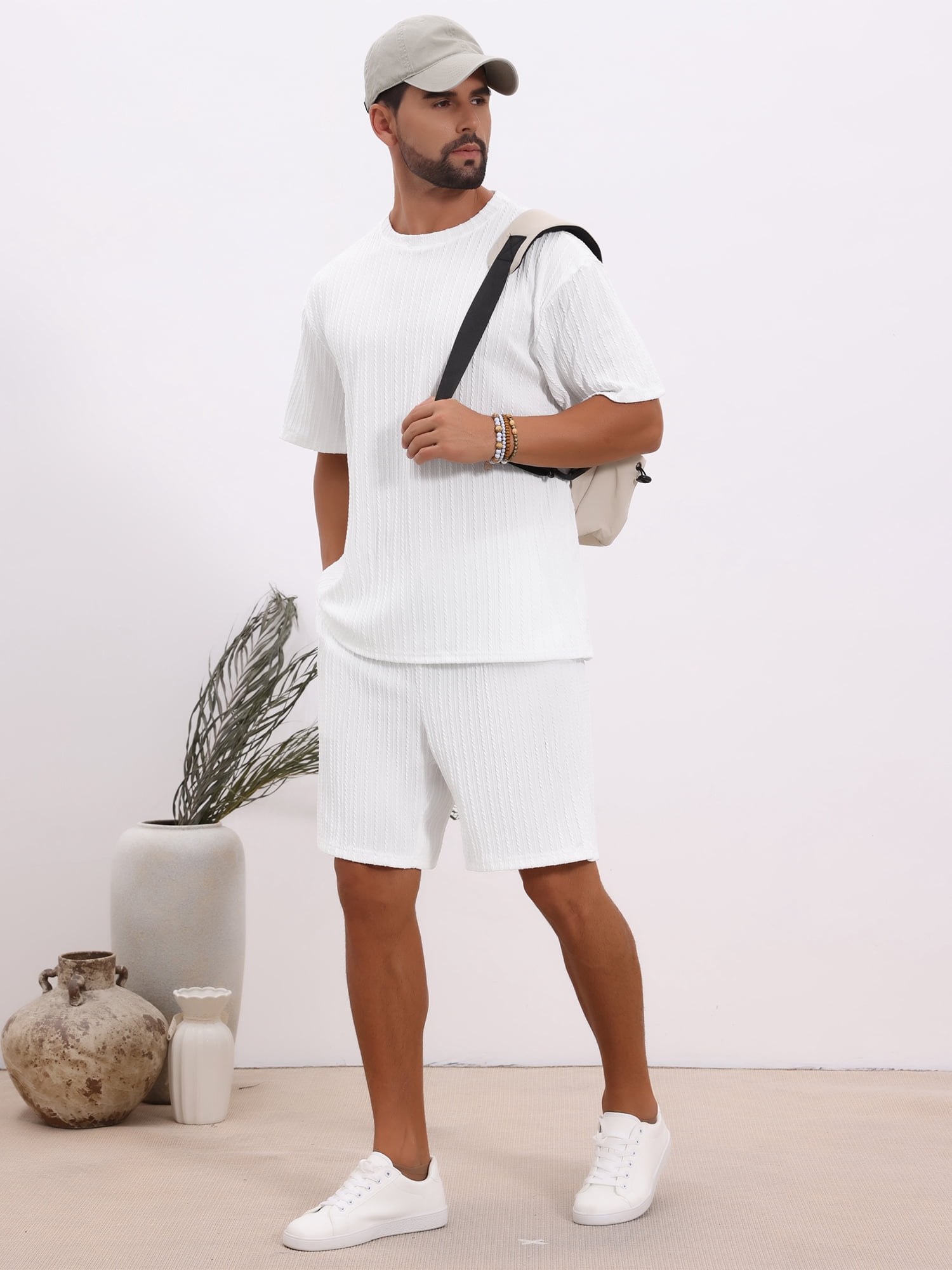 DARING DIVA Men's 2 Pieces Texture Crew Neck Shirt Top and Shorts Outfits 2XL White