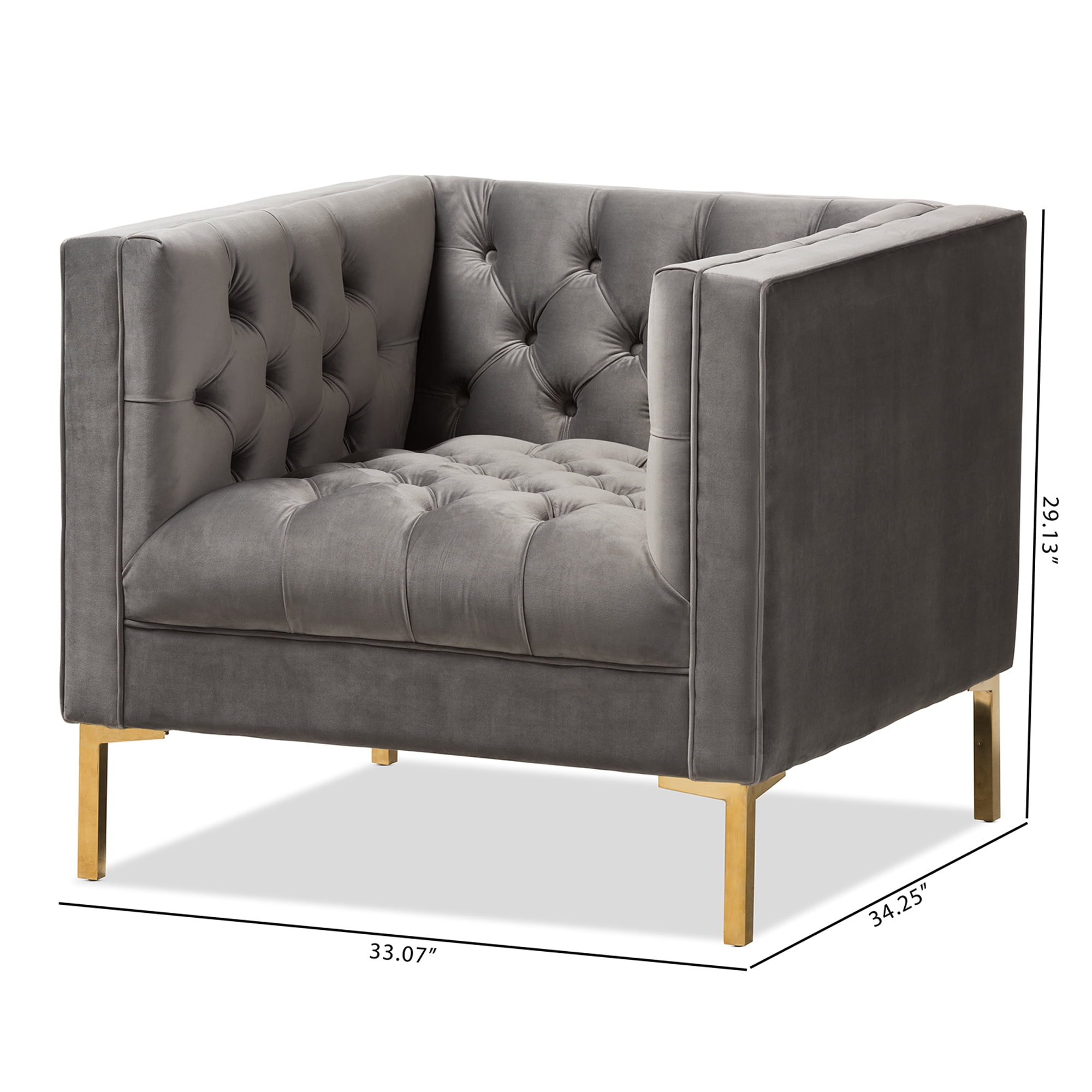 Zahir Luxe and Glamour Grey Velvet Upholstered Gold Finished Lounge Chair by Ember Interiors