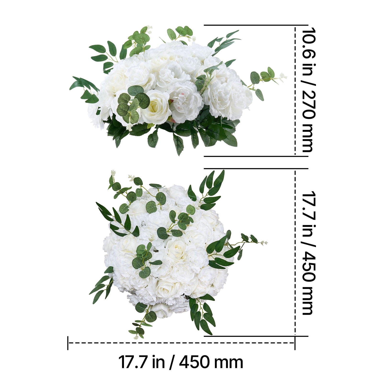 KFFKFF Set of 10 Artificial Flower Balls, 17.7-Inch Diameter White Rose Arrangements, Decorative Faux Floral Centerpieces for Weddings, Home, and Table Decor