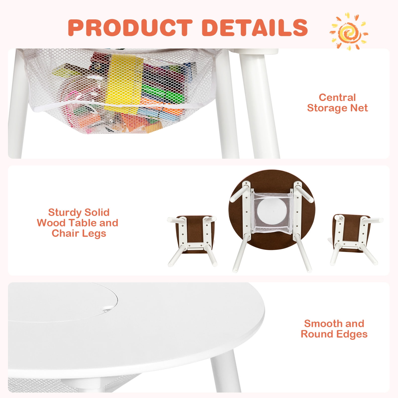 Infans Kids Wooden Round Table & 2 Chair Set w/ Center Mesh Storage White