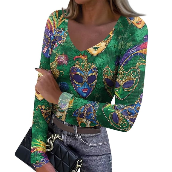 Womens Mardi Gras Shirts Carnival Mask Print V Neck Tops Glitter Long Sleeve Holiday Tunic Tops Dark Green S