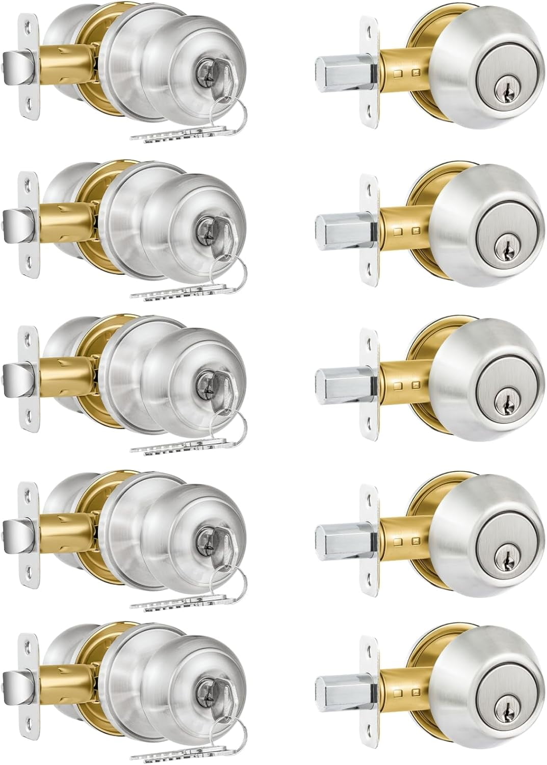 3 Pack Entry Door Lock and Single Cylinder Deadbolt Combo Set, Keyed Alike Satin Nickel Exterior Door Knobs with Lock&Keys, Round Ball Door Locksets with Deadbolt for Entrance and Front Door