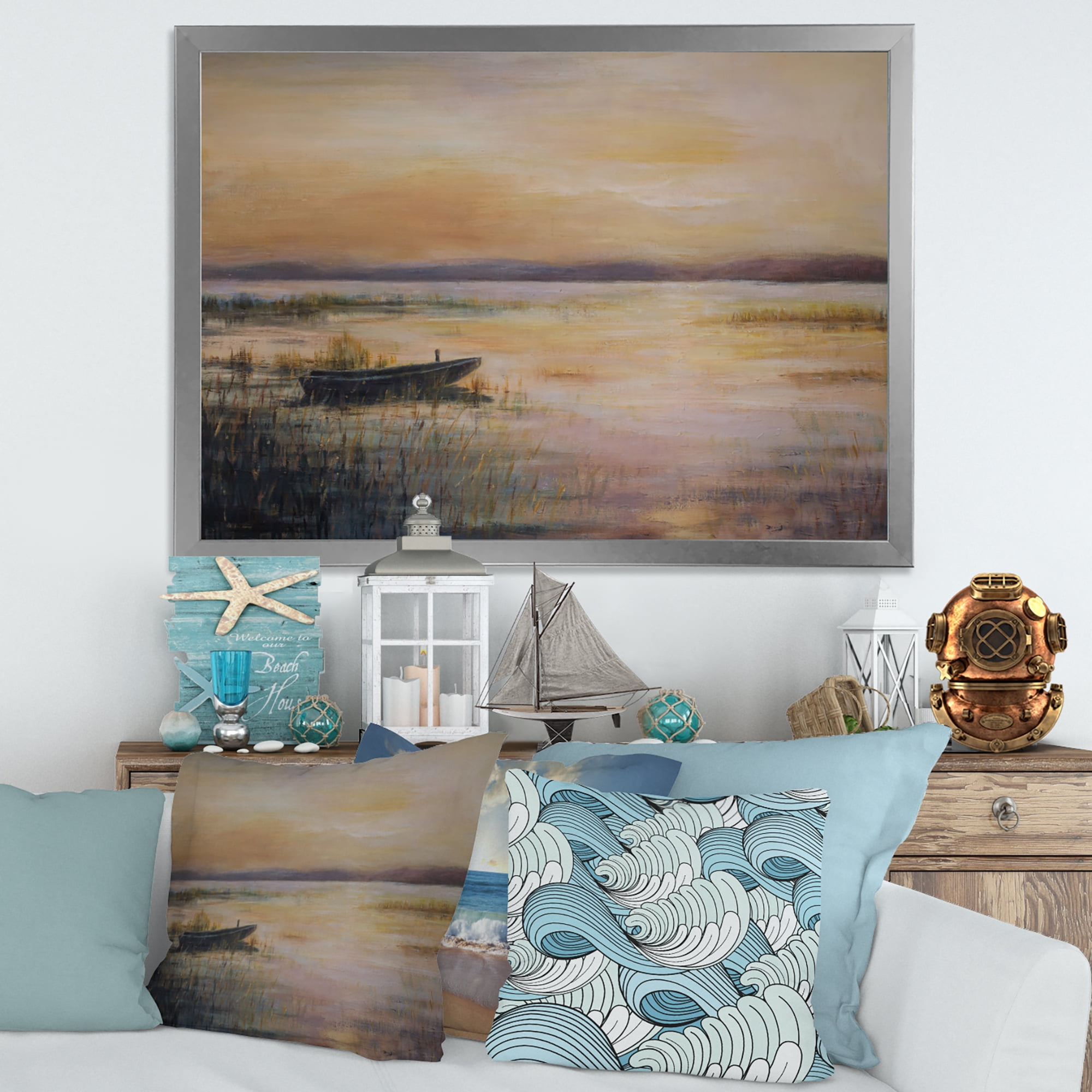Designart 'Pastel Boat Sunset Over The Lake' Nautical & Coastal Framed Art Print