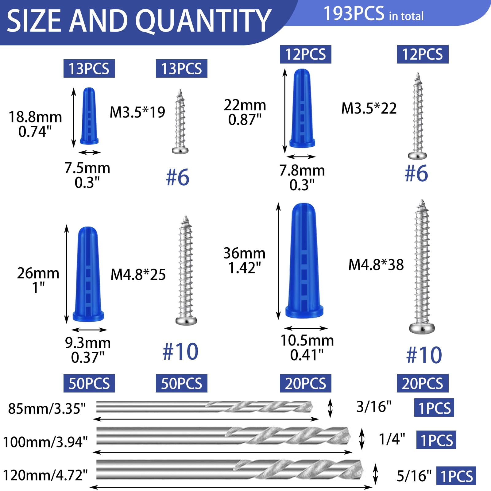 156PCS Self Drilling Drywall Anchors and Screws for Drywall,3 Sizes Nylon Plastic Wall Anchors,13x42mm,15x33mm, 10x33mm,No Pre Drill Hole Preparation Required