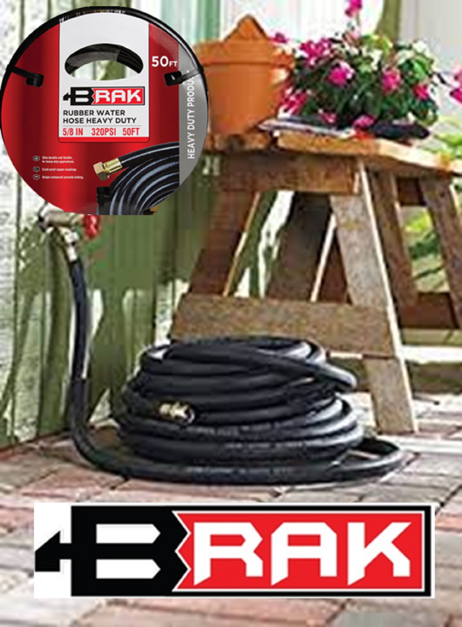 Brak Heavy Duty 5/8 in Rubber Water Hose, 320 PSI, 50 ft, Ideal for Harsh Environments and Weather Conditions