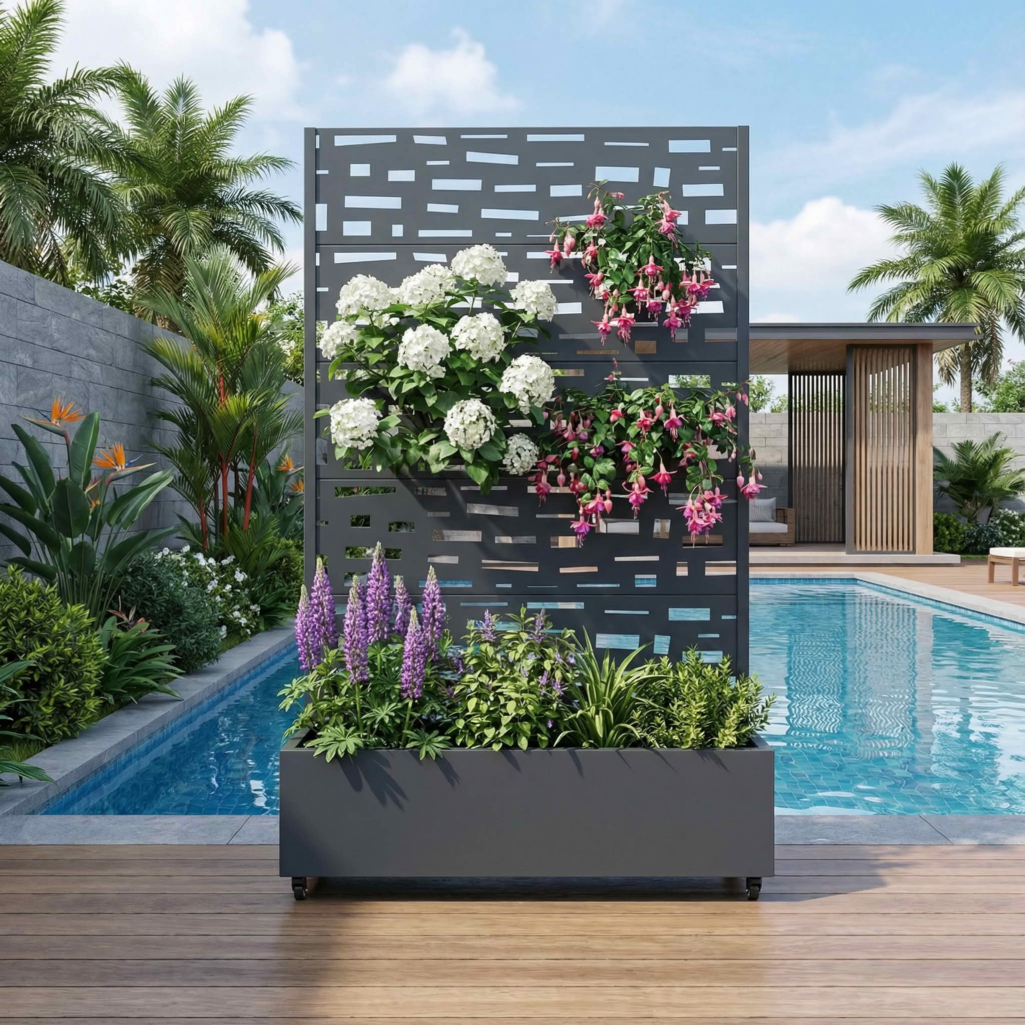 MAYEERTY 72X47" Metal Outdoor Cambrian Gray Privacy Screen with Planter Box for Backyard & Garden, 5 Piece Set