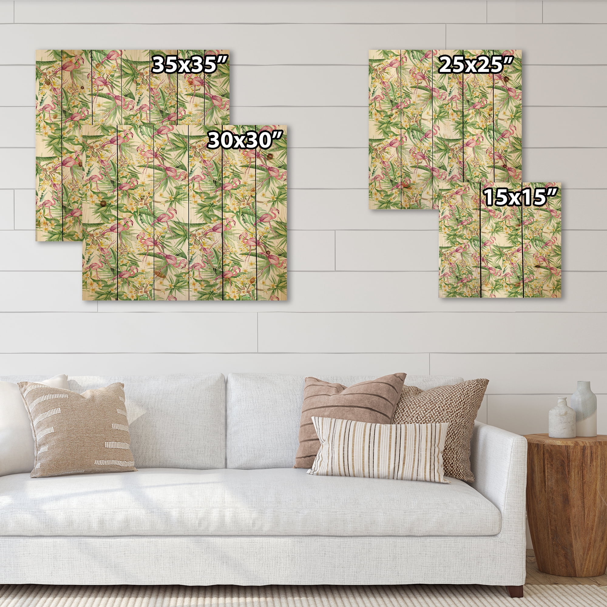 Designart 'Yellow Flowers, Tropical Foliage With Flamingo II' Modern Print on Natural Pine Wood