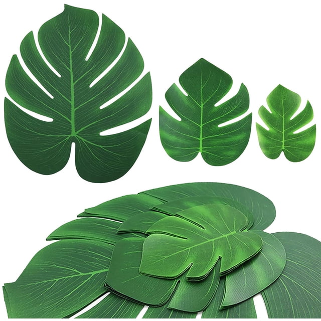 90 hojas de palmera tropical artificiales para decoración de fiestas, hojas verdes grandes falsas de Monstera para decoraciones de fiestas hawaianas, cumpleaños en la playa y la jungla (3