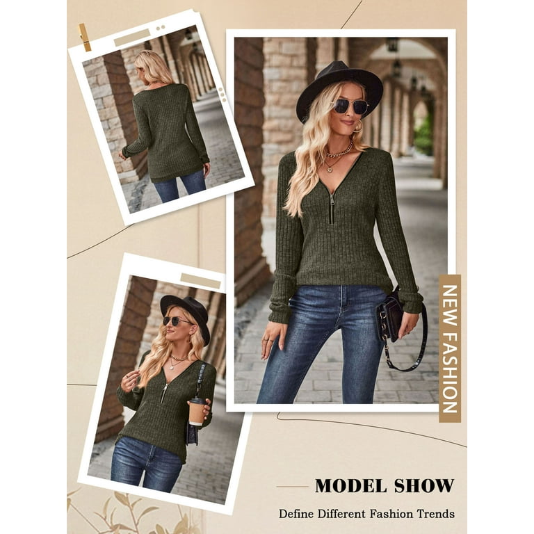 ZXSXSY Women's Zippered V Neck Ribbed Long Sleeve Solid