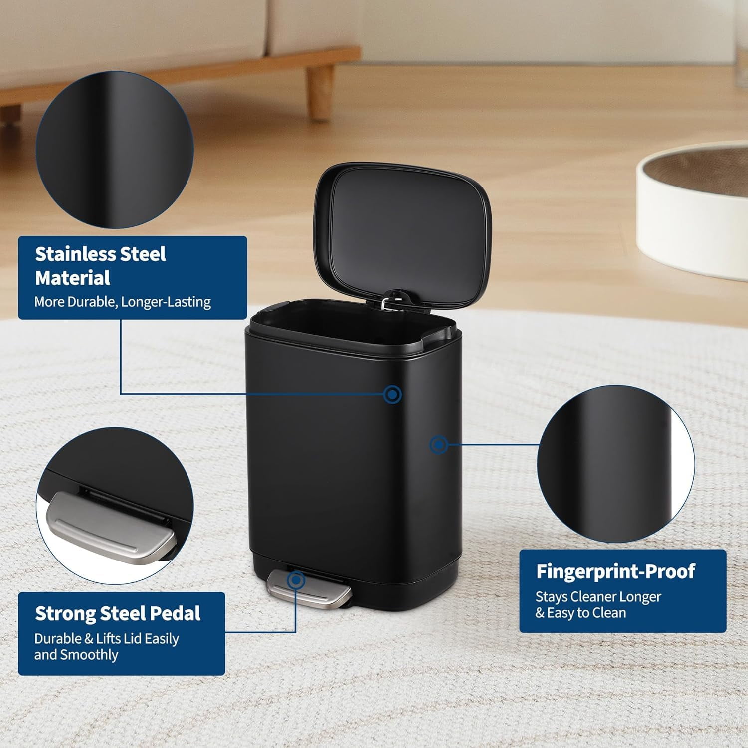 Bathroom Trash Bin with Lid, 3.2 Gallon Stainless Steel Kitchen Trash Can, With Automatic Lowering and Soft Closing, Recycling Bin for Kitchen, Bathroom or Office