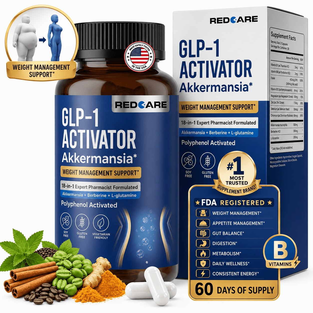 GLP-1 Support Vitamin Supplement, 18-in-1 Complex Dietary Supplement with Probiotics & Prebiotics, Supports Gut Health, Digestive Balance & Everyday Wellness for Women Men - 60 Capsules