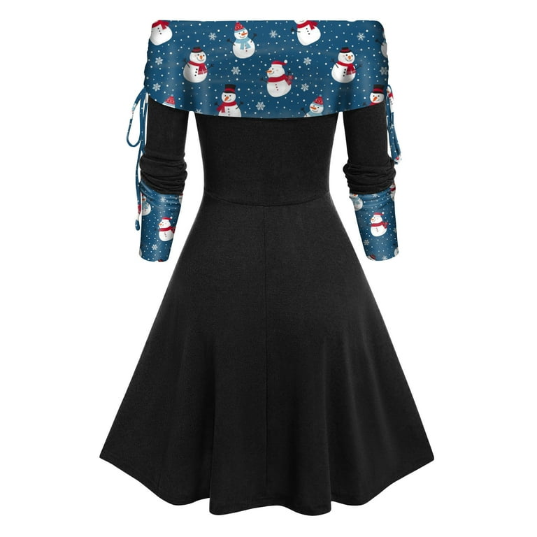 Tarmeek Christmas Dress Ugly christmas Sweater Fashion Women Autumn Christmas Printing Causal Off The Shoulder Button Long Sleeve Vacation Dress Xmas