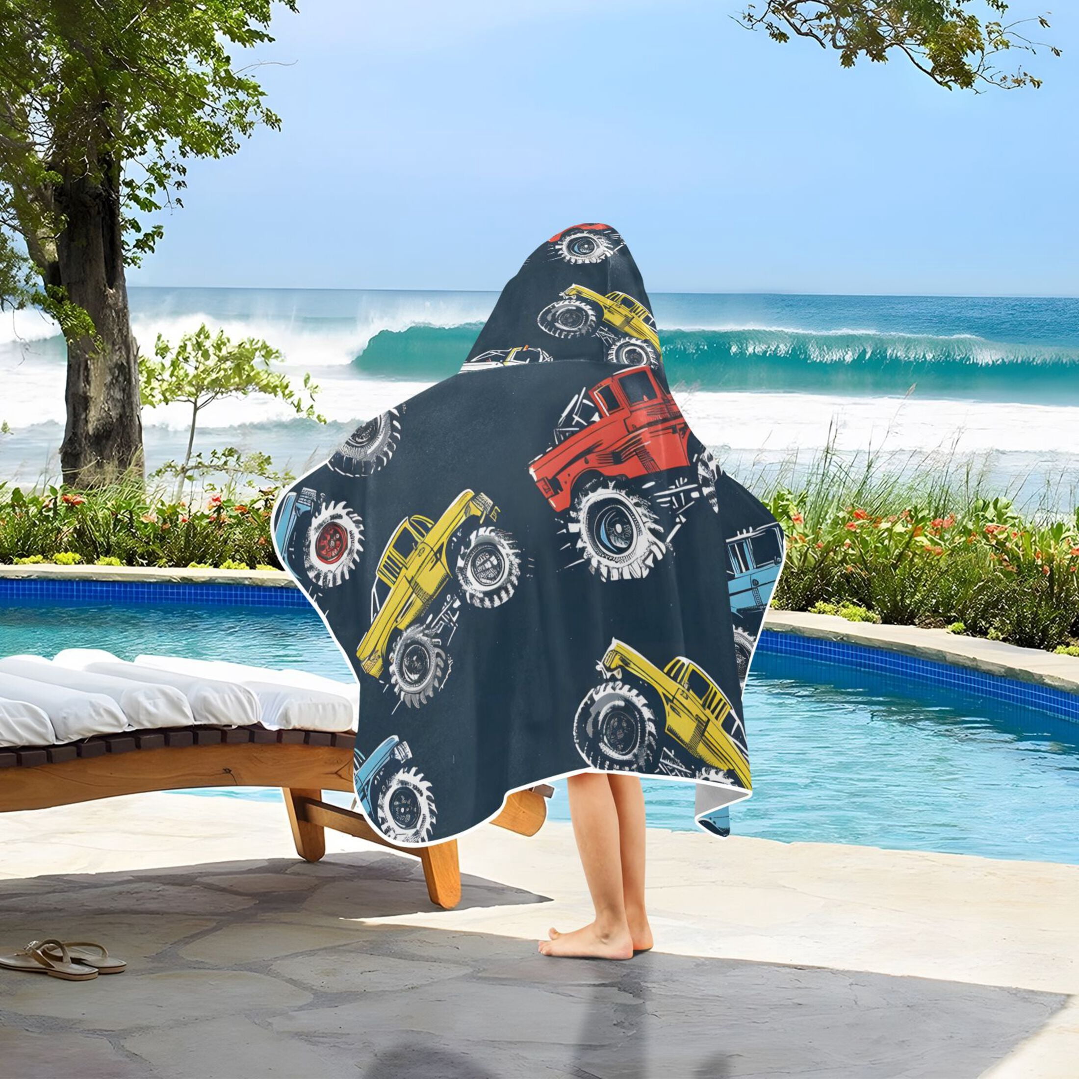 Cartoon Monster Trucks Comic Kids Hooded Beach Towel Baby Bath Poncho Towels with Hood Absorbent 50"x23.5" for Pool Swimming