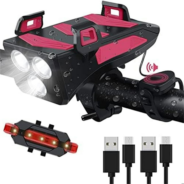 Light Set with Integrated and Phone Holder for All Road Cycling - Rechargeable 40mAh LED Front/Rear Light Loud Hiking and Camping