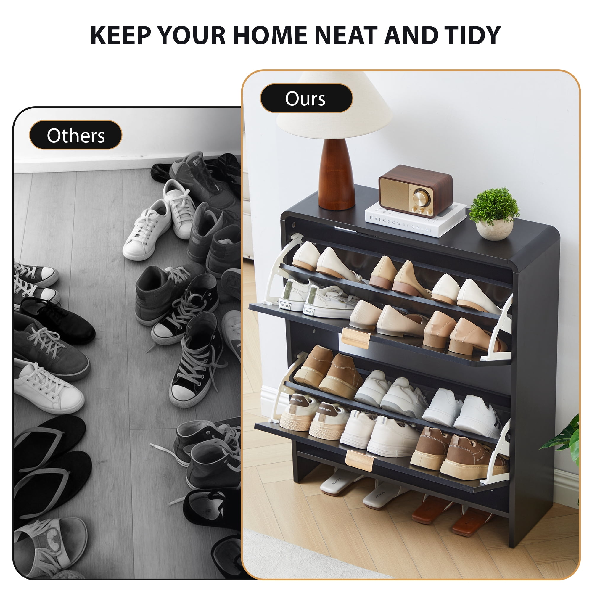Wirrytor Black Curved Printed 2 Flip Drawer Shoe Cabinet, 85cm Double Layer Narrow Shoe Storage Organizer, Adjustable Shelf Entryway Shoe Rack With Anti-Tip Design For Hallway Bedroom