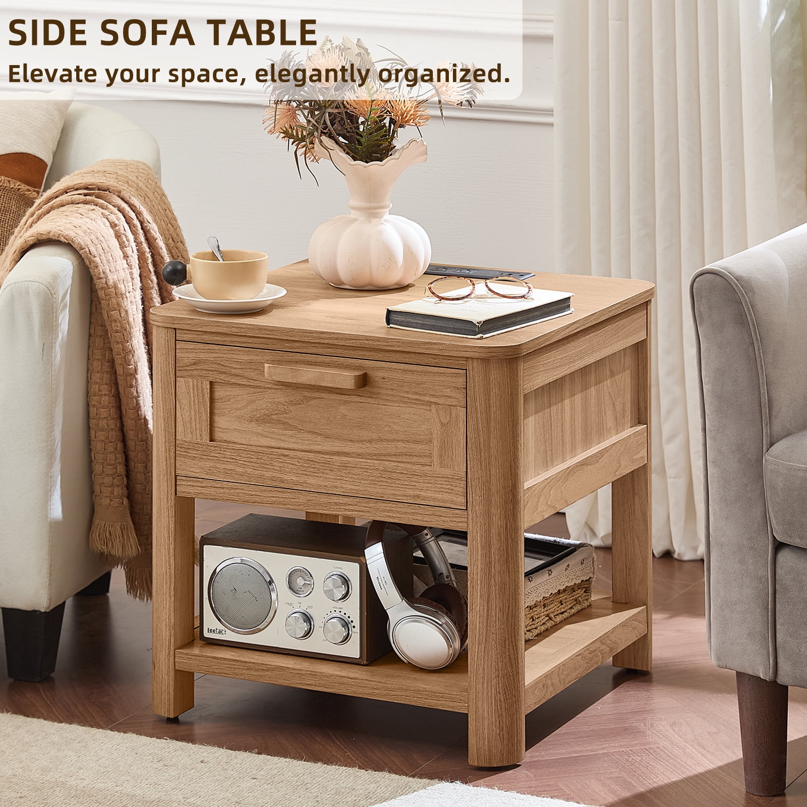 Joaxswe Nightstand with Charging Station, Dark Wood End Table with Silent Slide Drawers, Modern Side Table, Wooden Night Stand for Living Room