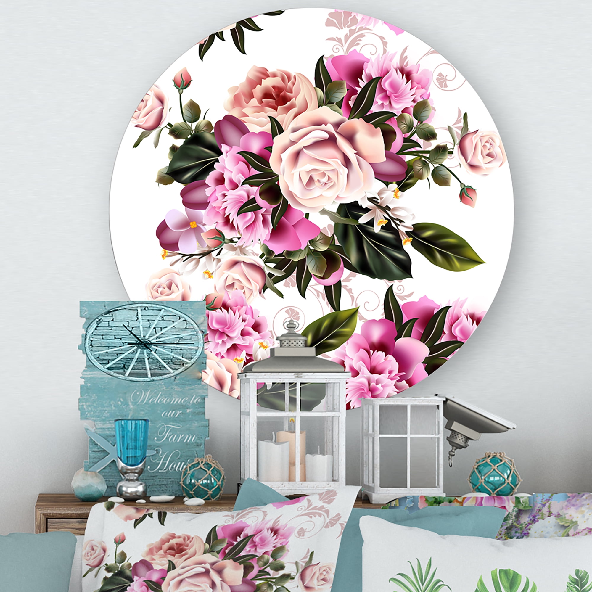 Designart 'Peony Vintage Flowers' Traditional Circle Metal Wall Art 11x11 - Disc of 11