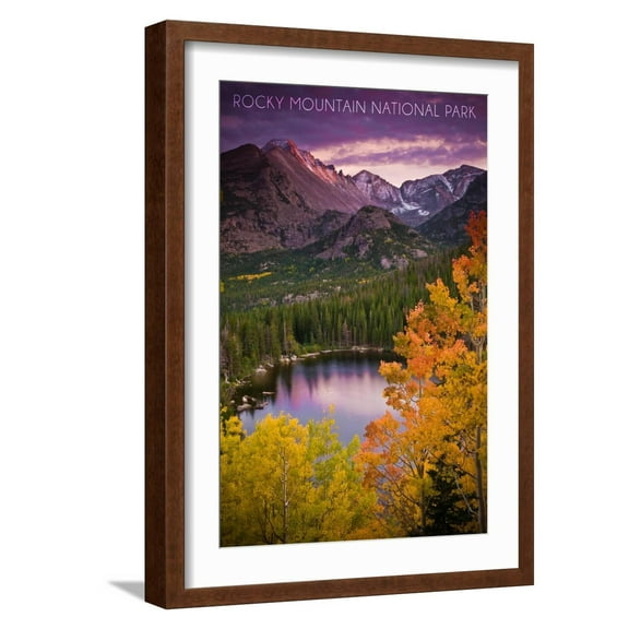 Art.com Rocky Mountain National Park, Colorado - Sunset and Lake Art Print by Lantern Press, Brown Frame Wall Art, 17" x 23"