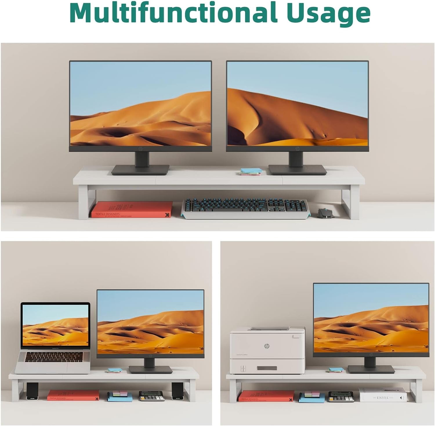 Wooden Desktop Riser Shelf for Dual Monitors, 39-Inch Large Computer Monitor Stand for Office Desks, Laptops, TVs