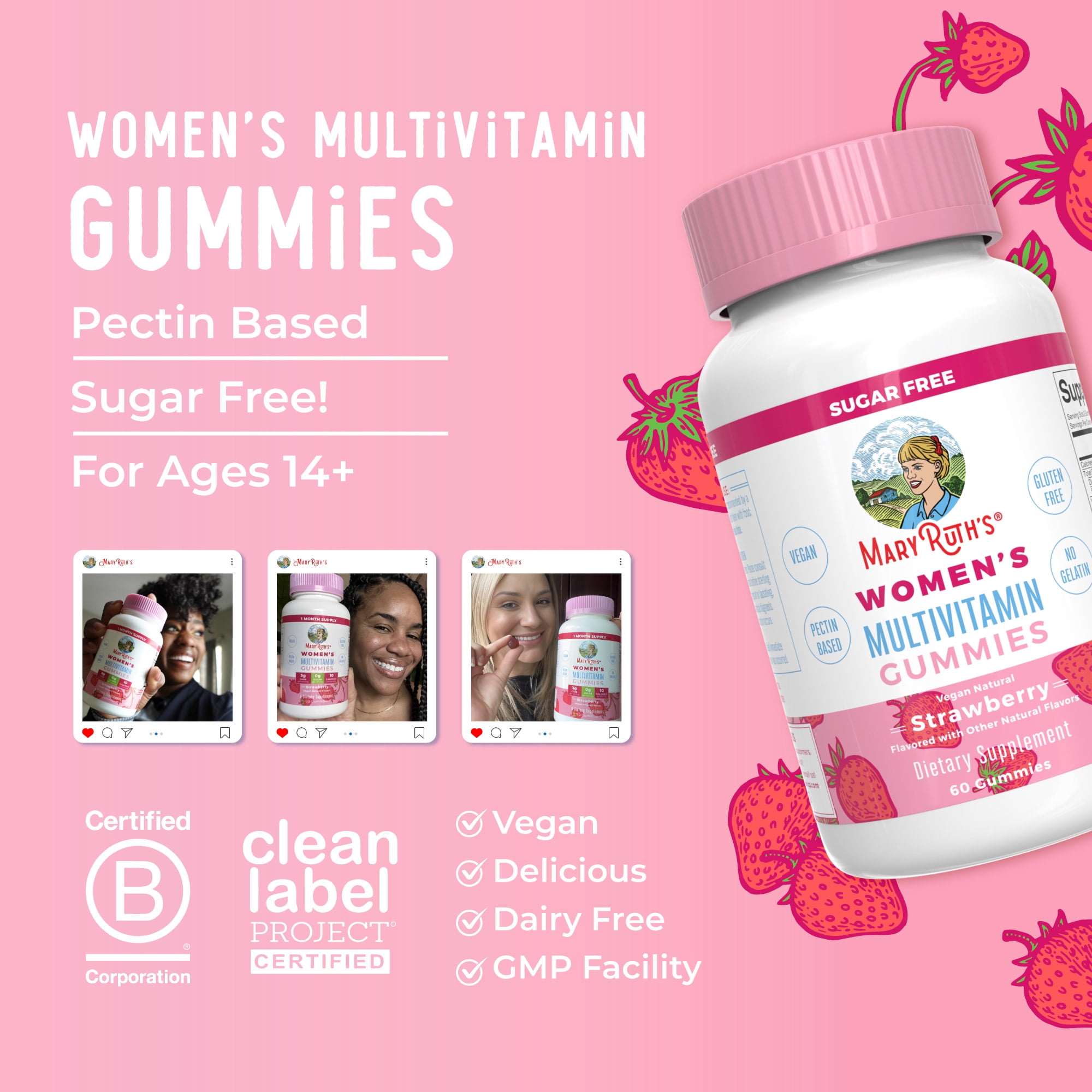 (2 pack) MaryRuth's Women's Multivitamin Gummies, Immune Support, Overall Health, Strawberry Flavor, Vitamin D3, Iodine, Vegan, Gluten-Free, 60 Count