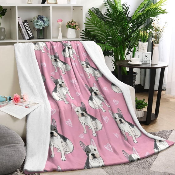 Pink French Bulldog Love Heart Blanket,Comfortable Soft Flannel Throw Blanket,All Season,Warm Lightweight Blankets for Sofa Bed Couch Living Room Chair,60"x80"