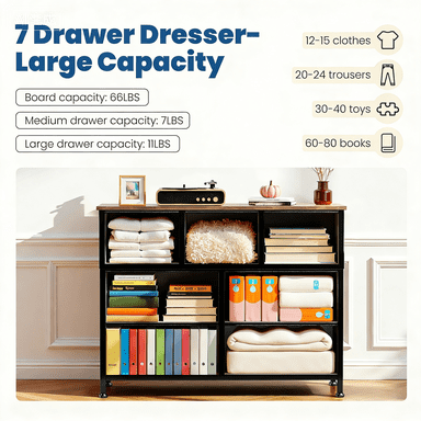 edx Fabric Dresser with 7 Drawers, Retro Flower Design, Chest of Drawers with Sturdy Steel Frame, Wood Top for Bedroom, Living Room, Hallway