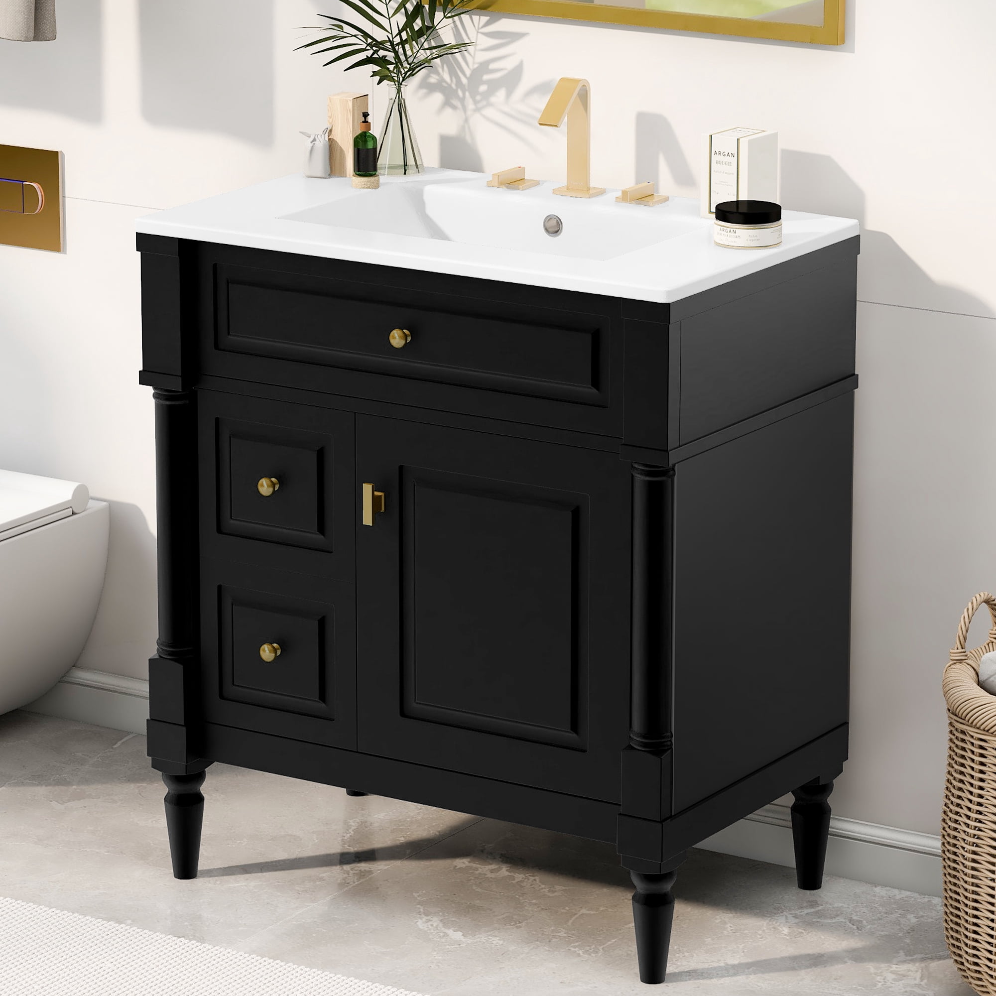Euroco 30" Bathroom Vanity with Sink, Black Freestanding Bathroom Cabinet with Flip Drawer & Adjustable Shelf, Solid Rubberwood Frame, MDF Panels & Metal Handles
