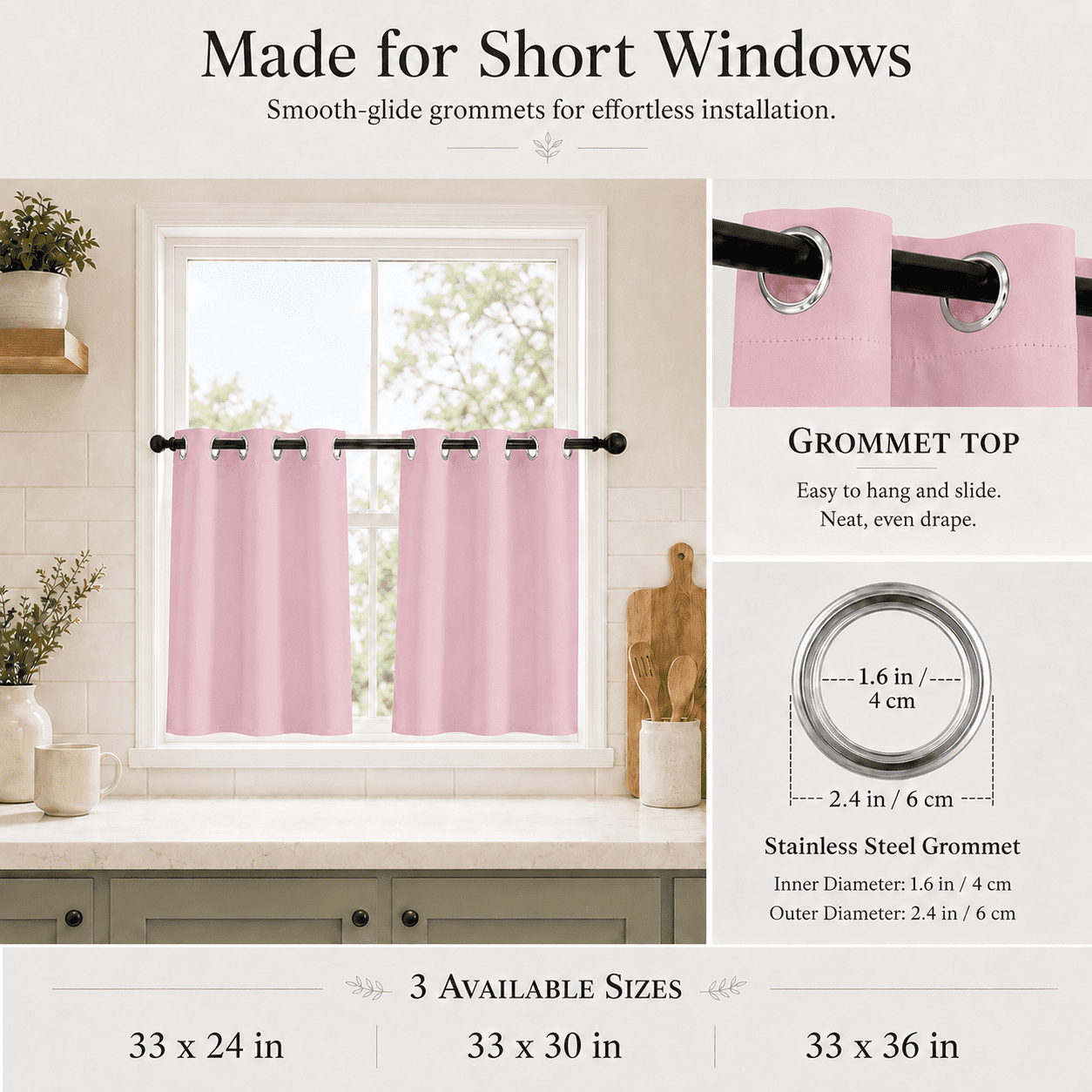 Lapalife 2 Panel Blackout Kitchen Curtains, Grommet Short Window Curtains for Kitchen Bathroom Cafe, Pink, 33"x 36"
