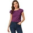 thumbnail image 1 of Unique Bargains Blouse Soyeuse à Manches Courtes pour Femmes Col Rond Plissé Décontracté Élégant, 1 of 5
