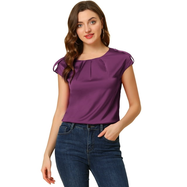 Unique Bargains Blouse Soyeuse à Manches Courtes pour Femmes Col Rond Plissé Décontracté Élégant