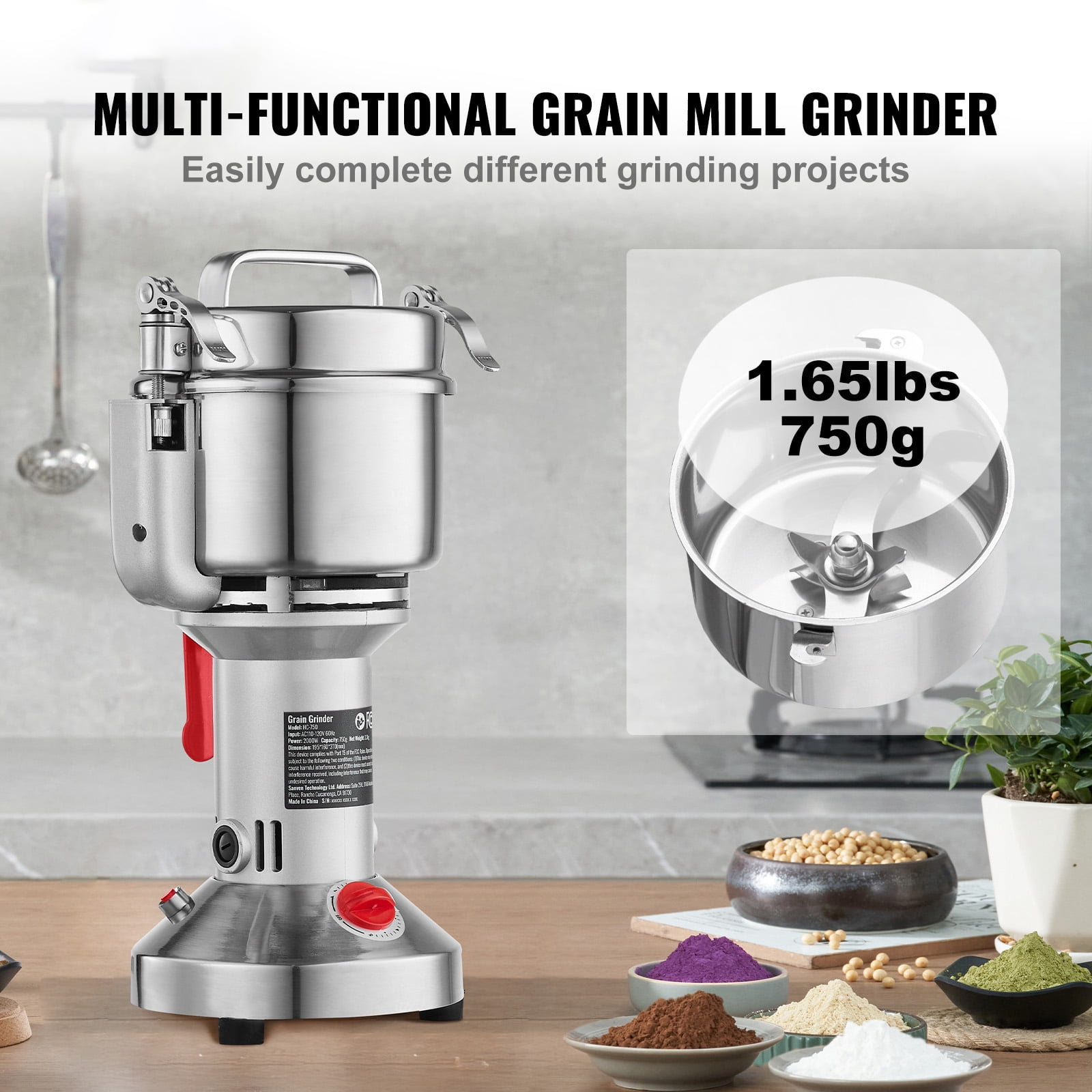 KFFKFF 750g Electric Grain Mill Grinder, 2000W High-Speed Stainless Steel Powder Machine for Dry Grains, Spices, Cereals, Coffee, and Pepper