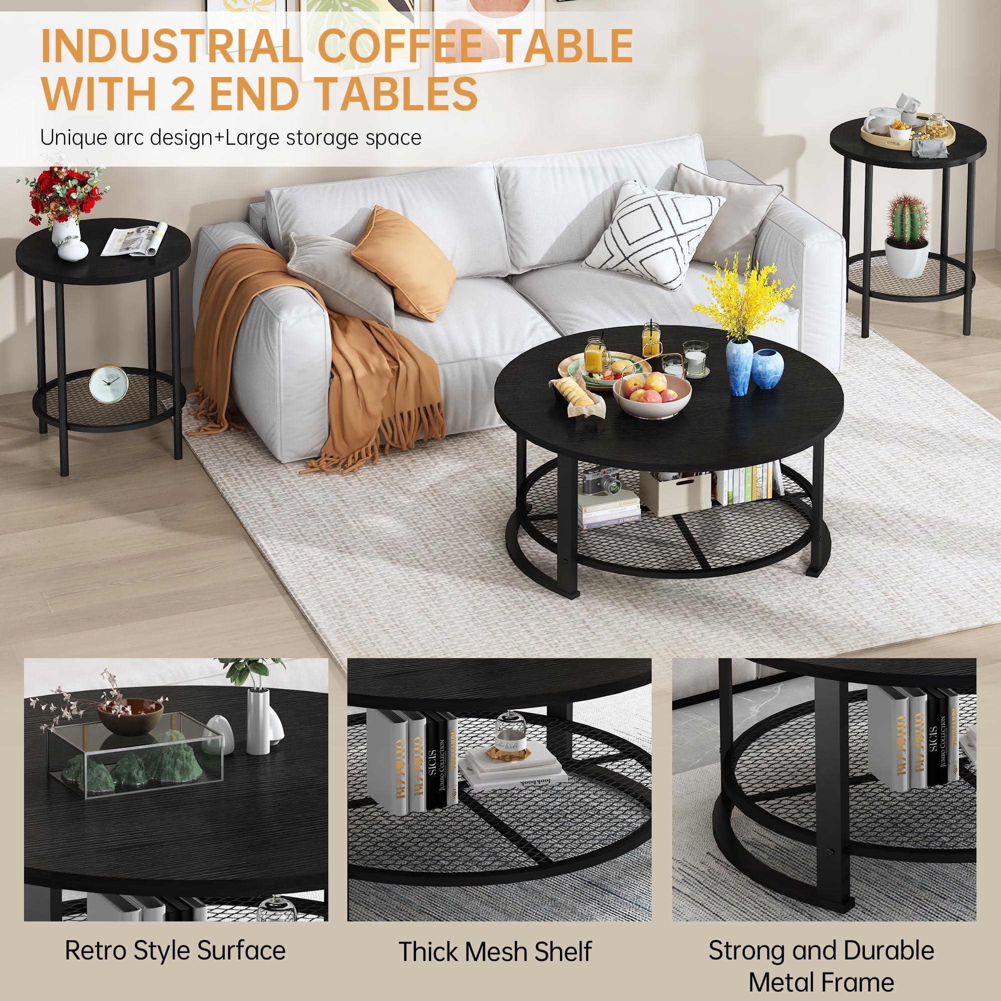 MOOSENG Coffee Table Set of 3, Industrial Vintage Wood Coffee Table with 2 Round End Side Tables, Easy Assembly Living Room Table Set for Offices, Living Rooms and Apartments, Black