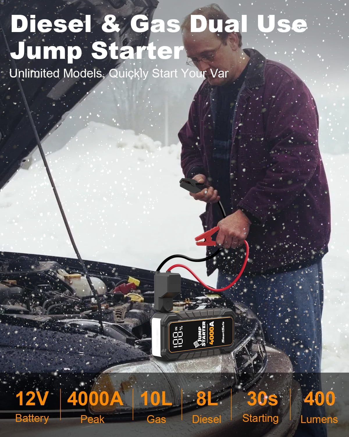 Car Battery Jump Starter Portable  4000A Car Jumper Battery Pack For Up To 10.0l Gas And 8.0l Diesel Engines 12v Jump Box With Usb Ports, Lcd Display Storage Case